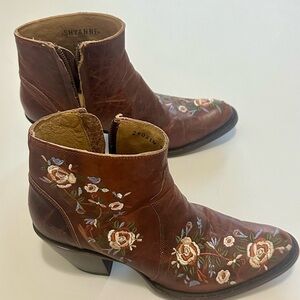 Shyanne Brown Leather Floral Embroidered Ankle Booties